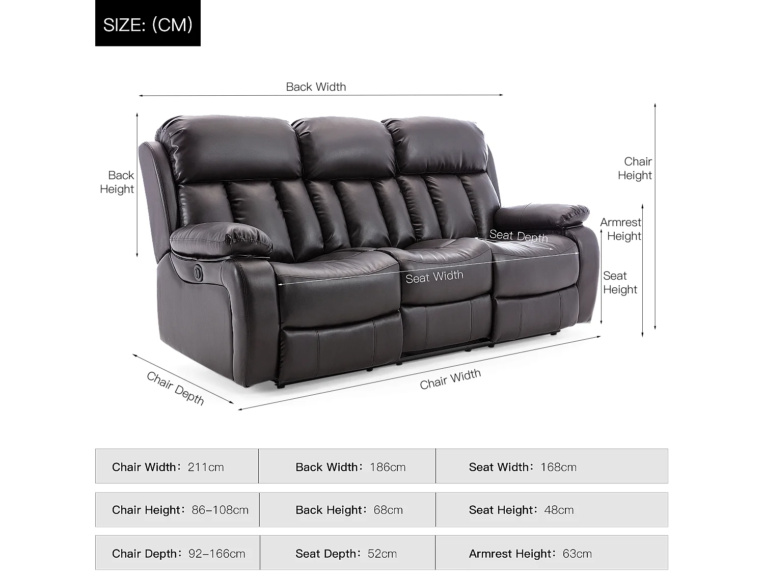 Chester 3 Seater Electric High Back Bonded Leather Recliner Sofa