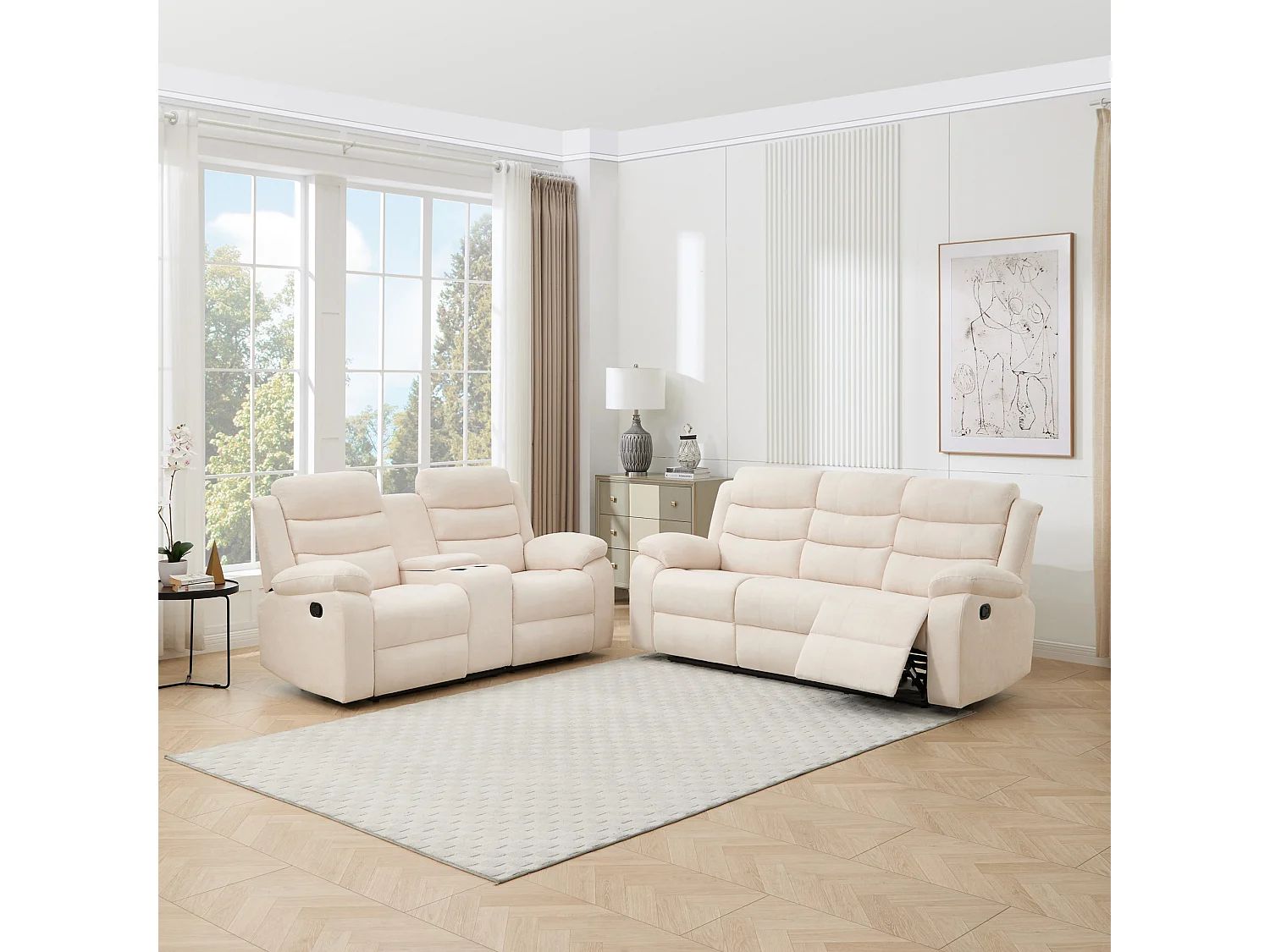 Boston Manual Recliner Fabric 2+3 Seater Sofa Set w Drinks Console