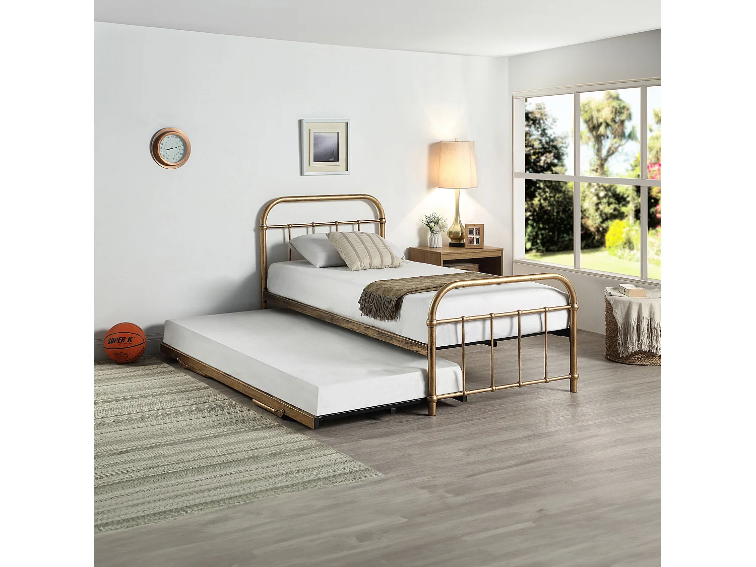Tewin Vintage Hospital Style Single Metal Bed Frame w Guest Trundle