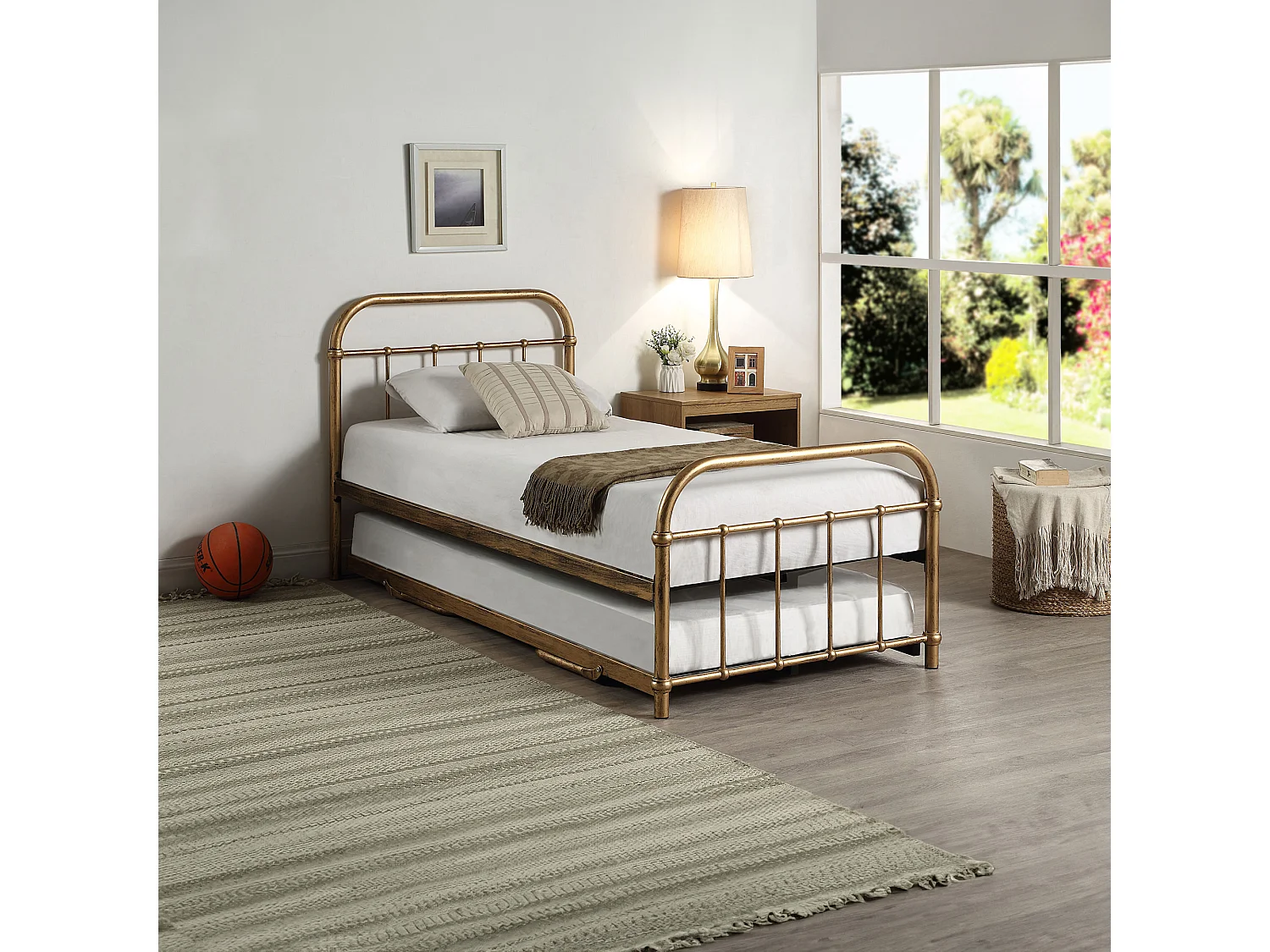 Tewin Vintage Hospital Style Single Metal Bed Frame w Guest Trundle