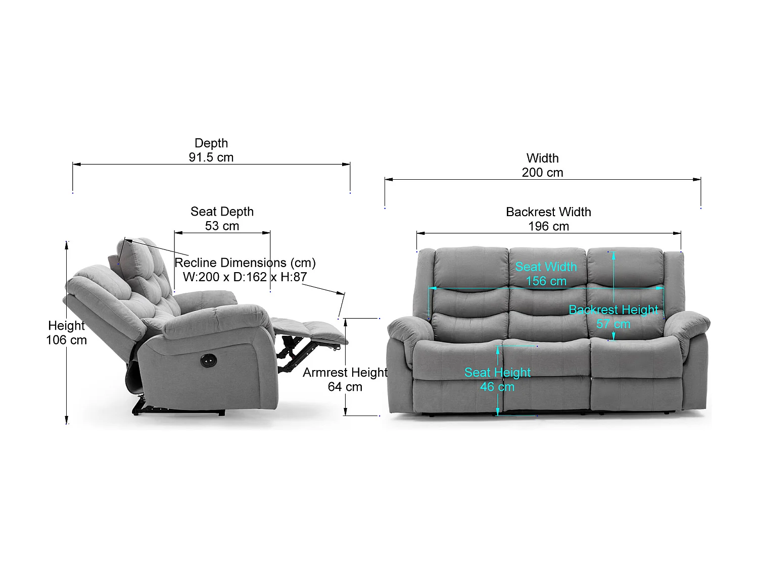 Seattle 3 Seater Fabric Manual Recliner Sofa