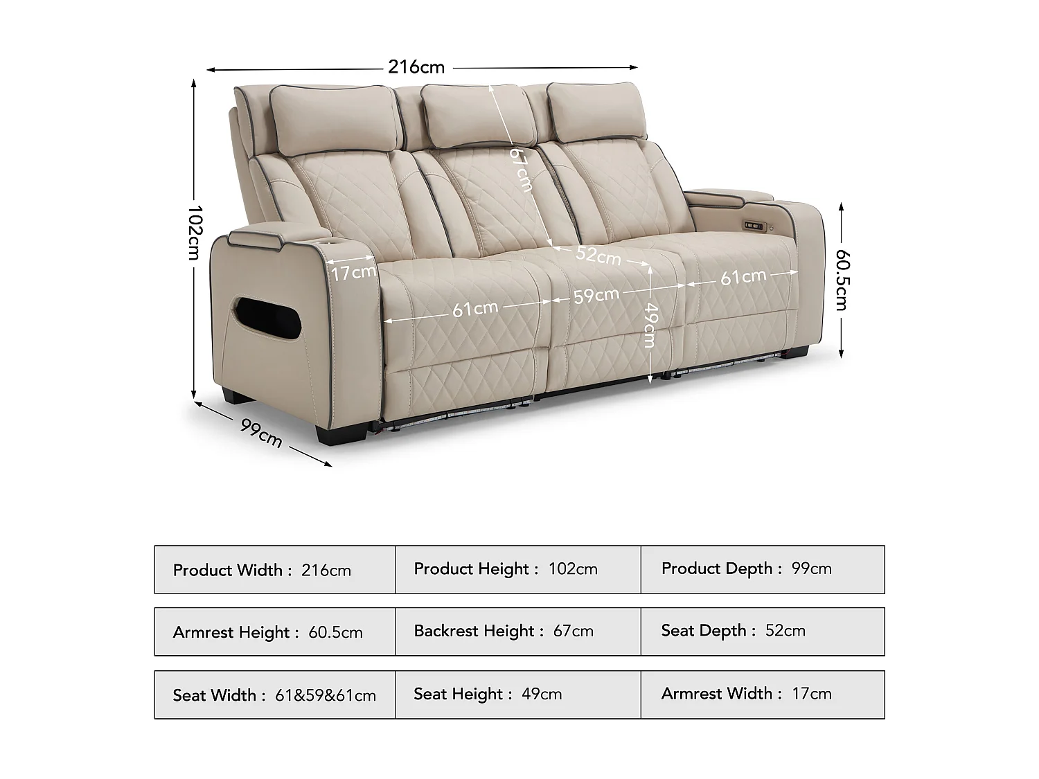 Capri Electric Recliner 3 Seater Sofa - Drinks Tray, Wireless Charging