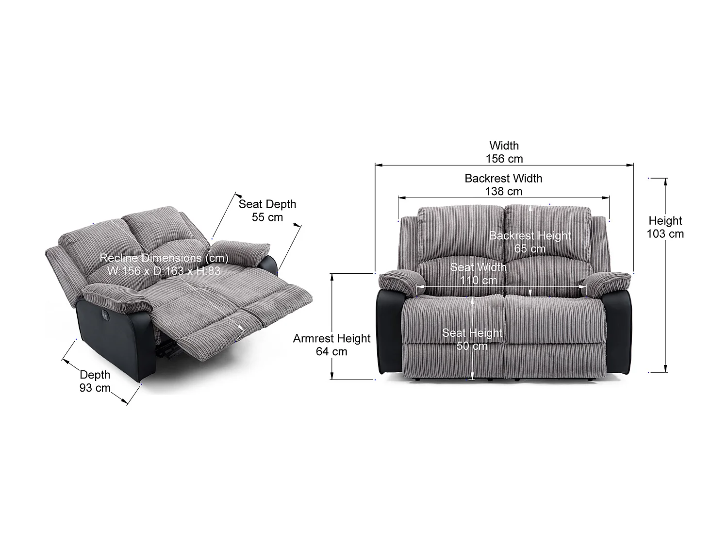 Postana 2 Seater Electric High Back Jumbo Cord Fabric Recliner Sofa