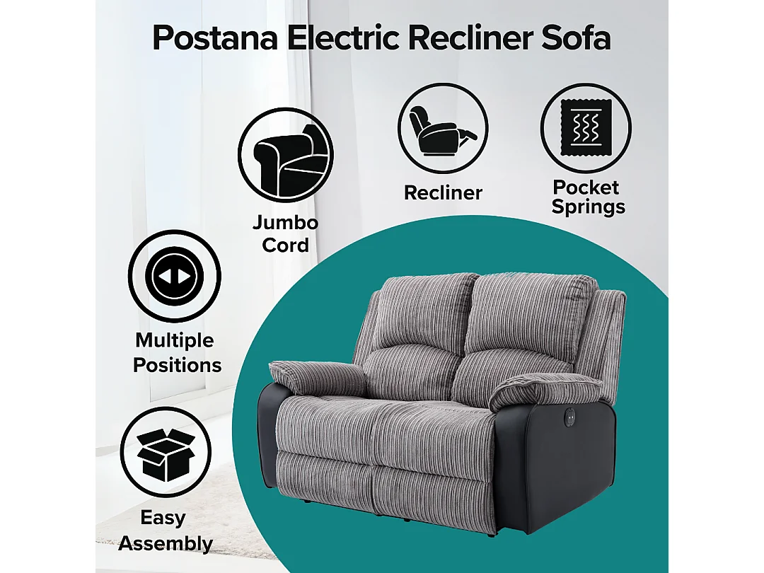 Postana 2 Seater Electric High Back Jumbo Cord Fabric Recliner Sofa