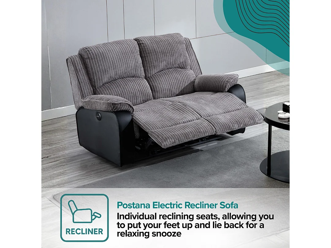 Postana 2 Seater Electric High Back Jumbo Cord Fabric Recliner Sofa