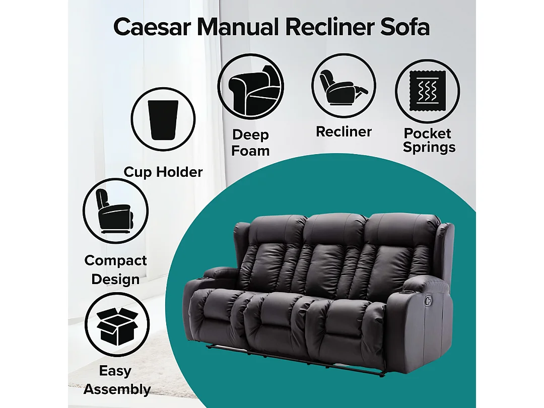 Caesar 3 Seater Manual High Back Bonded Leather Recliner Sofa