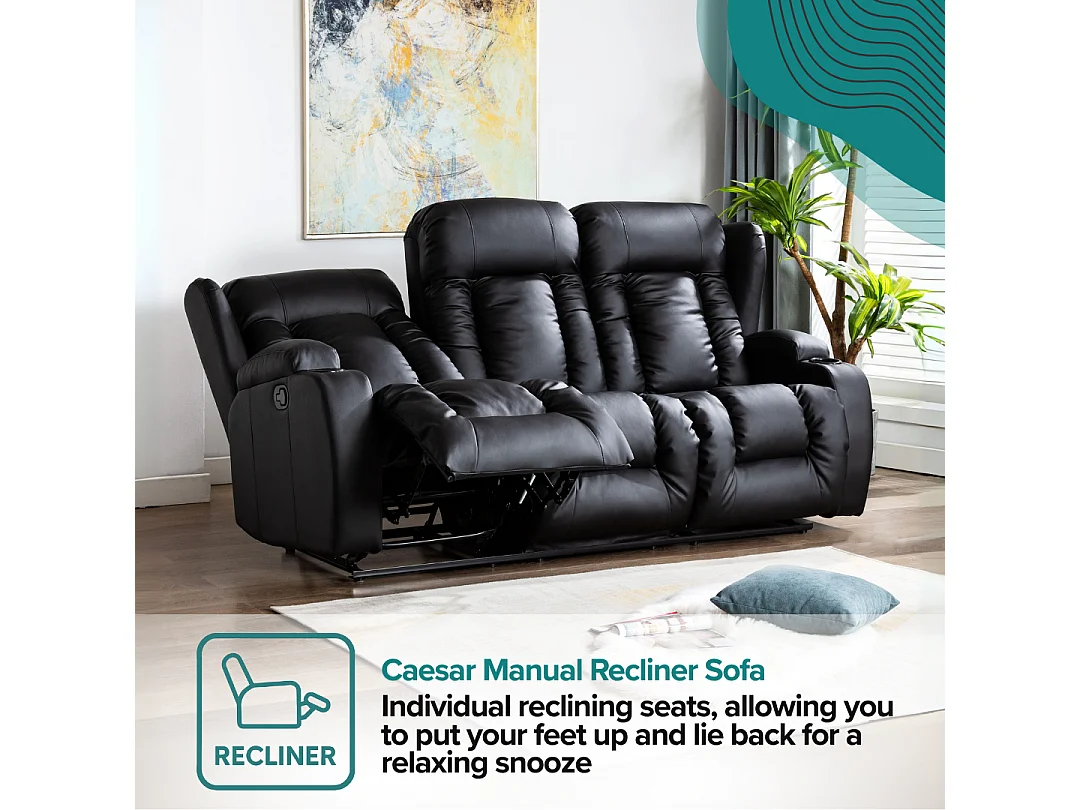 Caesar 3 Seater Manual High Back Bonded Leather Recliner Sofa