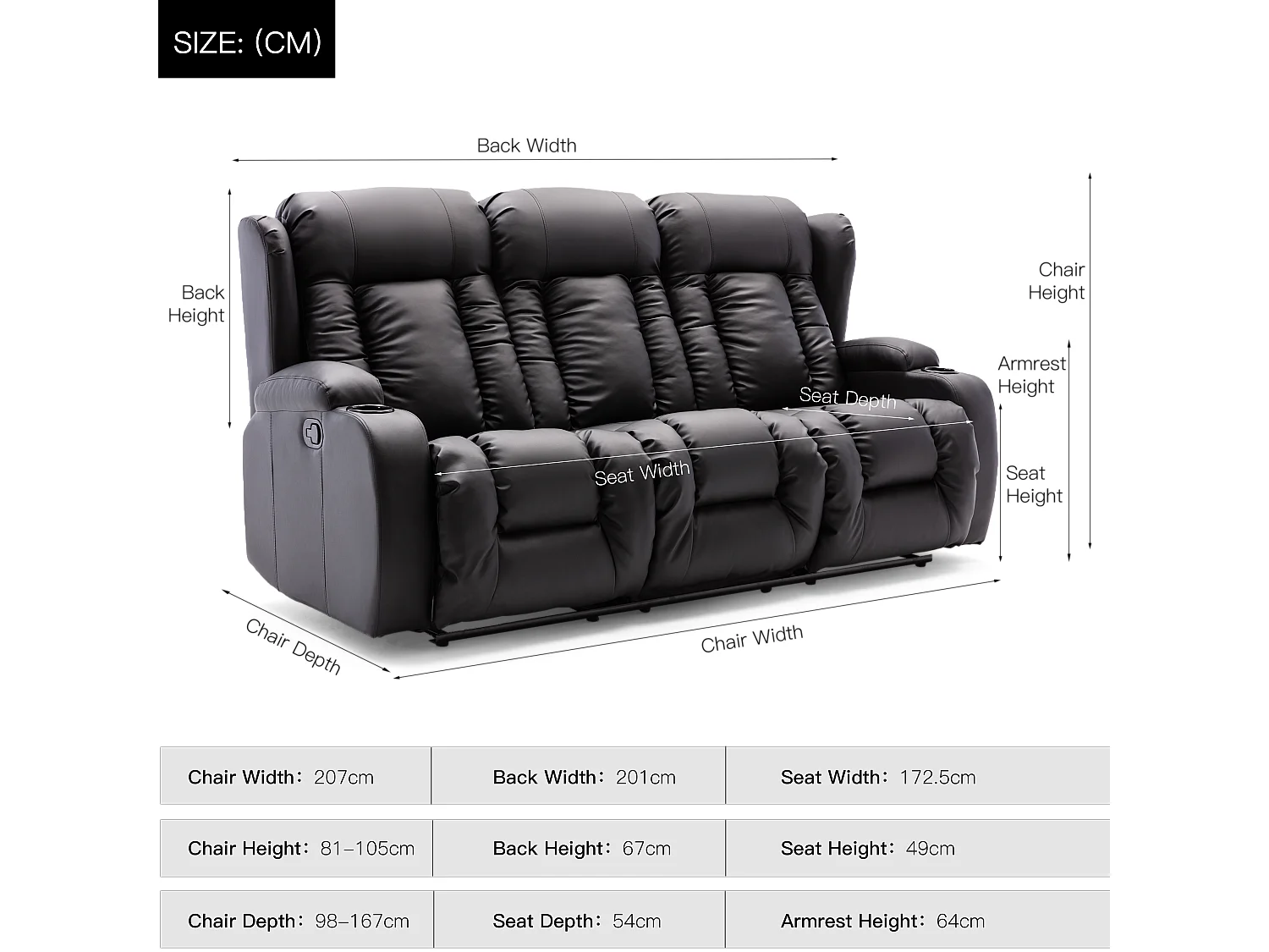Caesar 3 Seater Manual High Back Bonded Leather Recliner Sofa