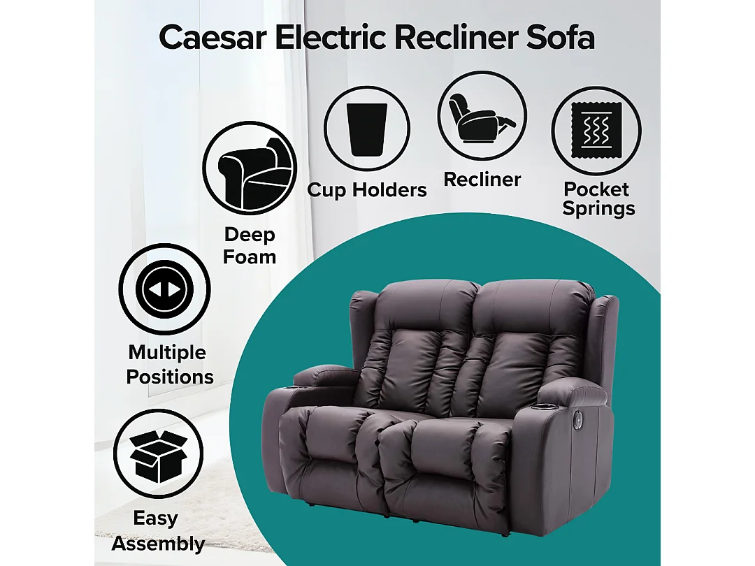 Caesar 2 Seater Electric High Back Bonded Leather Recliner Sofa