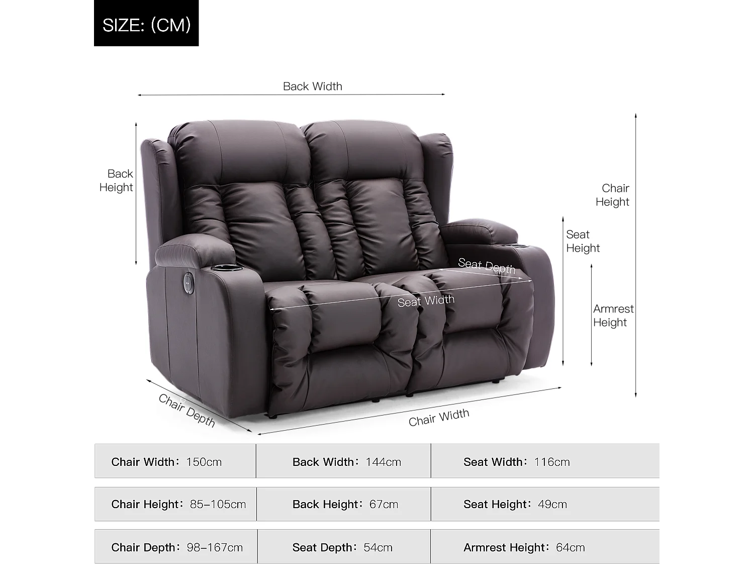Caesar 2 Seater Electric High Back Bonded Leather Recliner Sofa