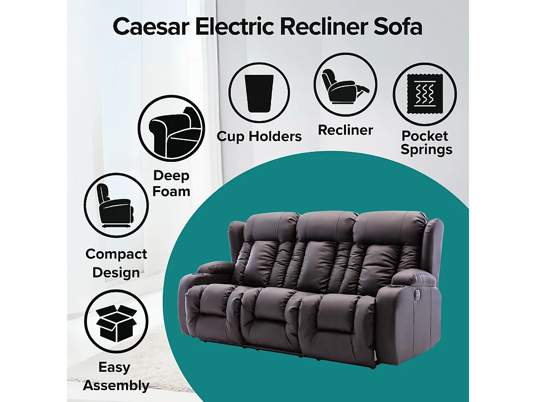 Caesar 3 Seater Electric High Back Bonded Leather Recliner Sofa