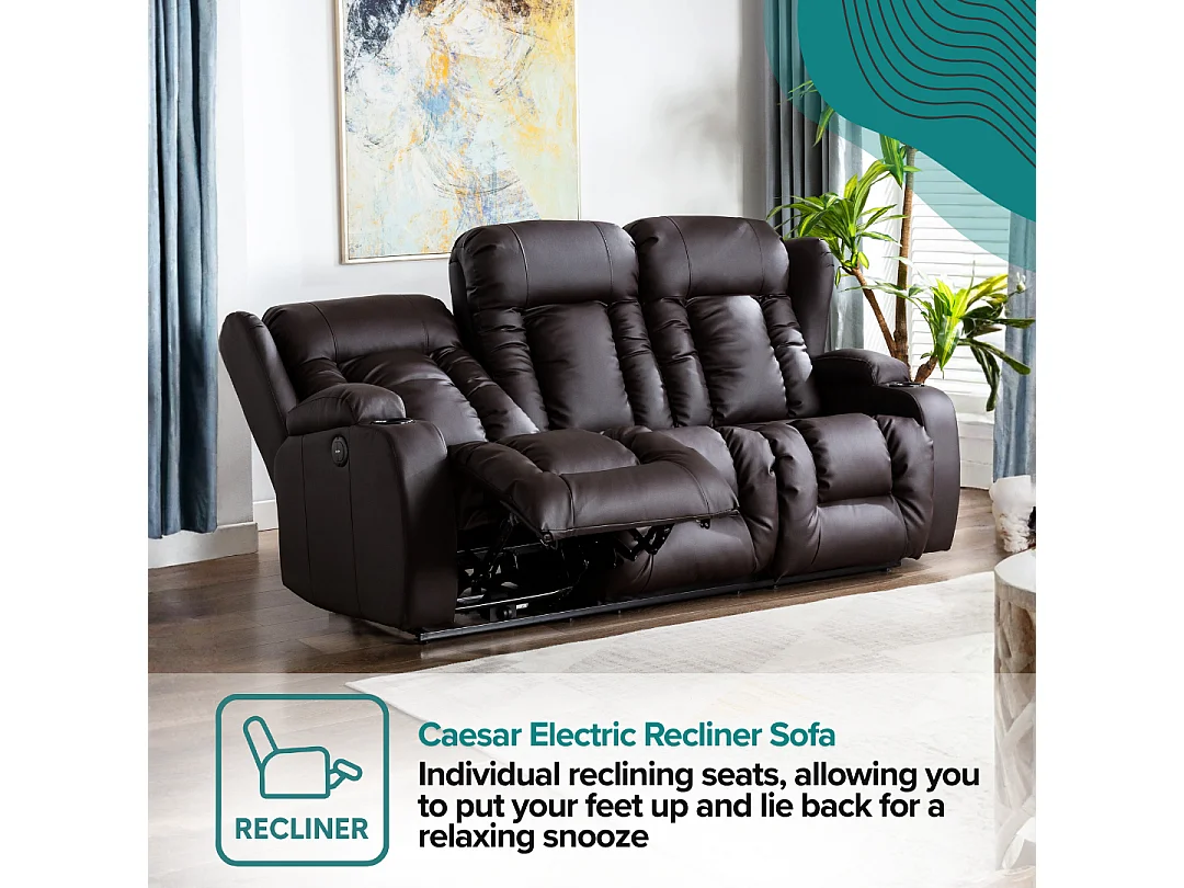 Caesar 3 Seater Electric High Back Bonded Leather Recliner Sofa