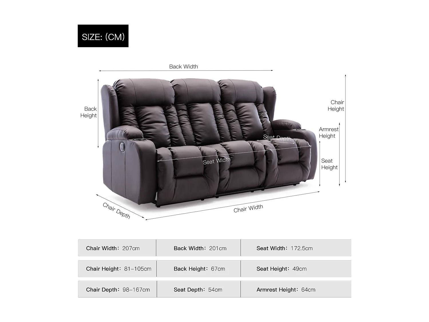 Caesar 3 Seater Electric High Back Bonded Leather Recliner Sofa