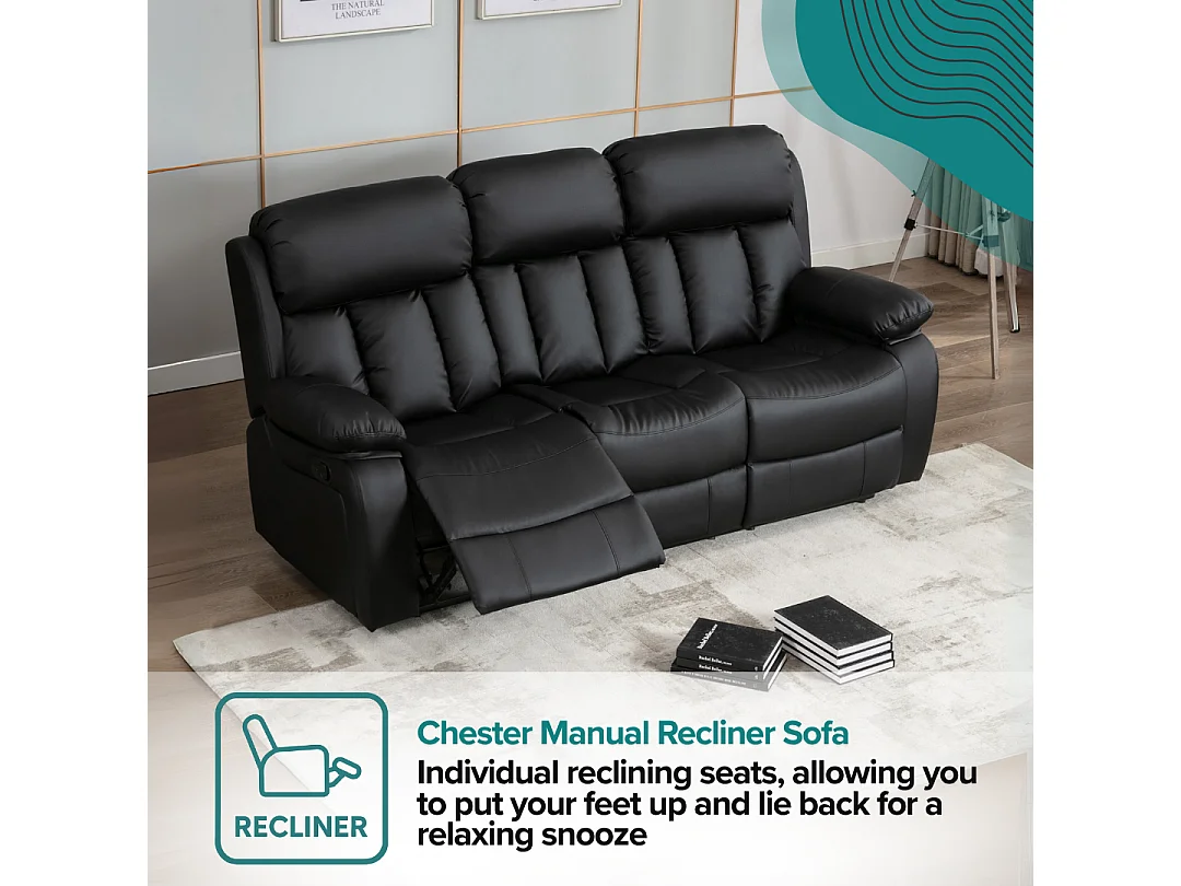 Chester 3 Seater Manual High Back Bonded Leather Recliner Sofa