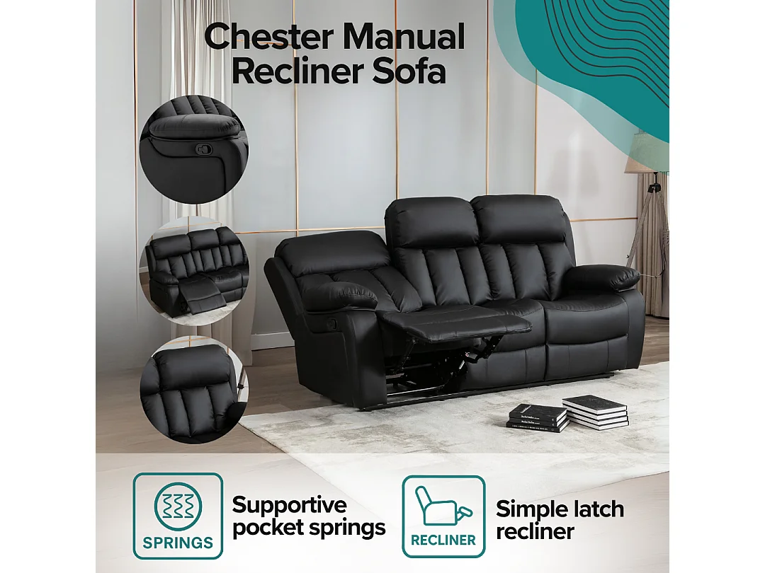 Chester 3 Seater Manual High Back Bonded Leather Recliner Sofa