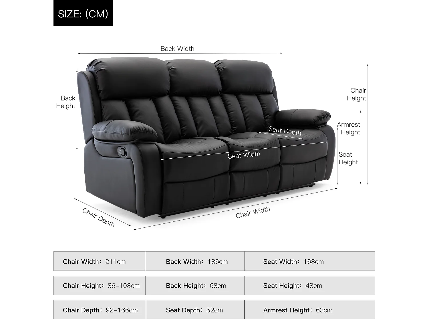 Chester 3 Seater Manual High Back Bonded Leather Recliner Sofa