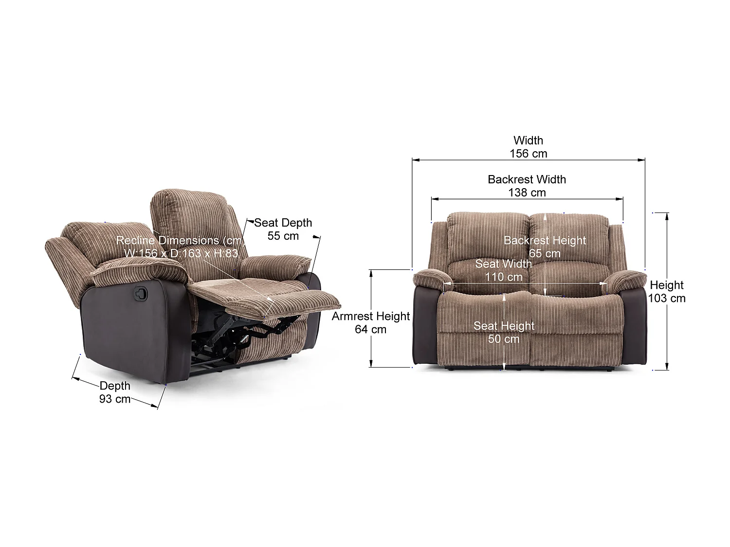 Postana 2 Seater Manual High Back Jumbo Cord Fabric Recliner Sofa