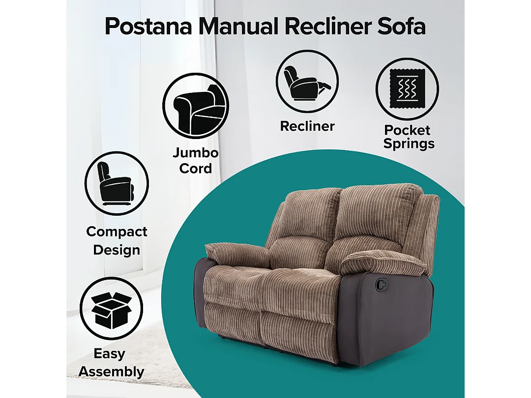 Postana 2 Seater Manual High Back Jumbo Cord Fabric Recliner Sofa