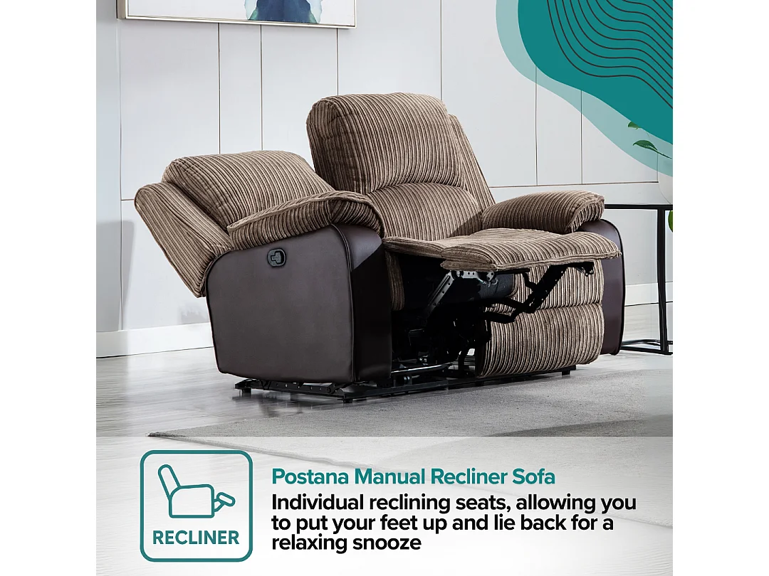 Postana 2 Seater Manual High Back Jumbo Cord Fabric Recliner Sofa