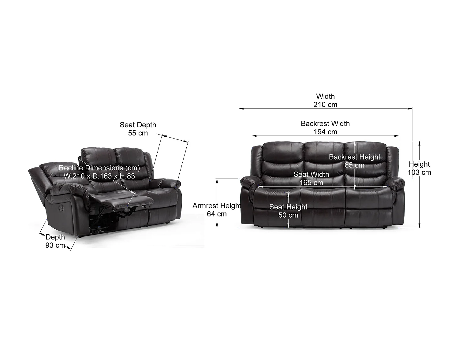 Seattle 3 Seater Electric High Back Bonded Leather Recliner Sofa