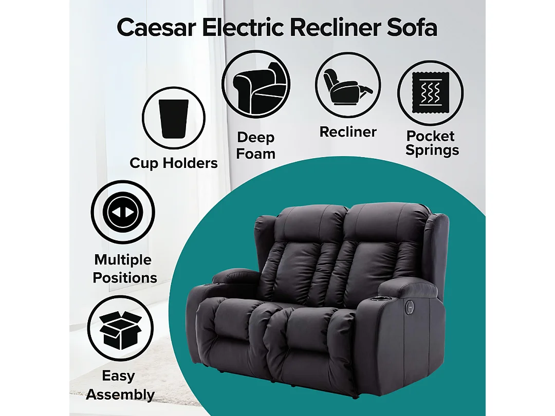 Caesar 2 Seater Electric High Back Bonded Leather Recliner Sofa
