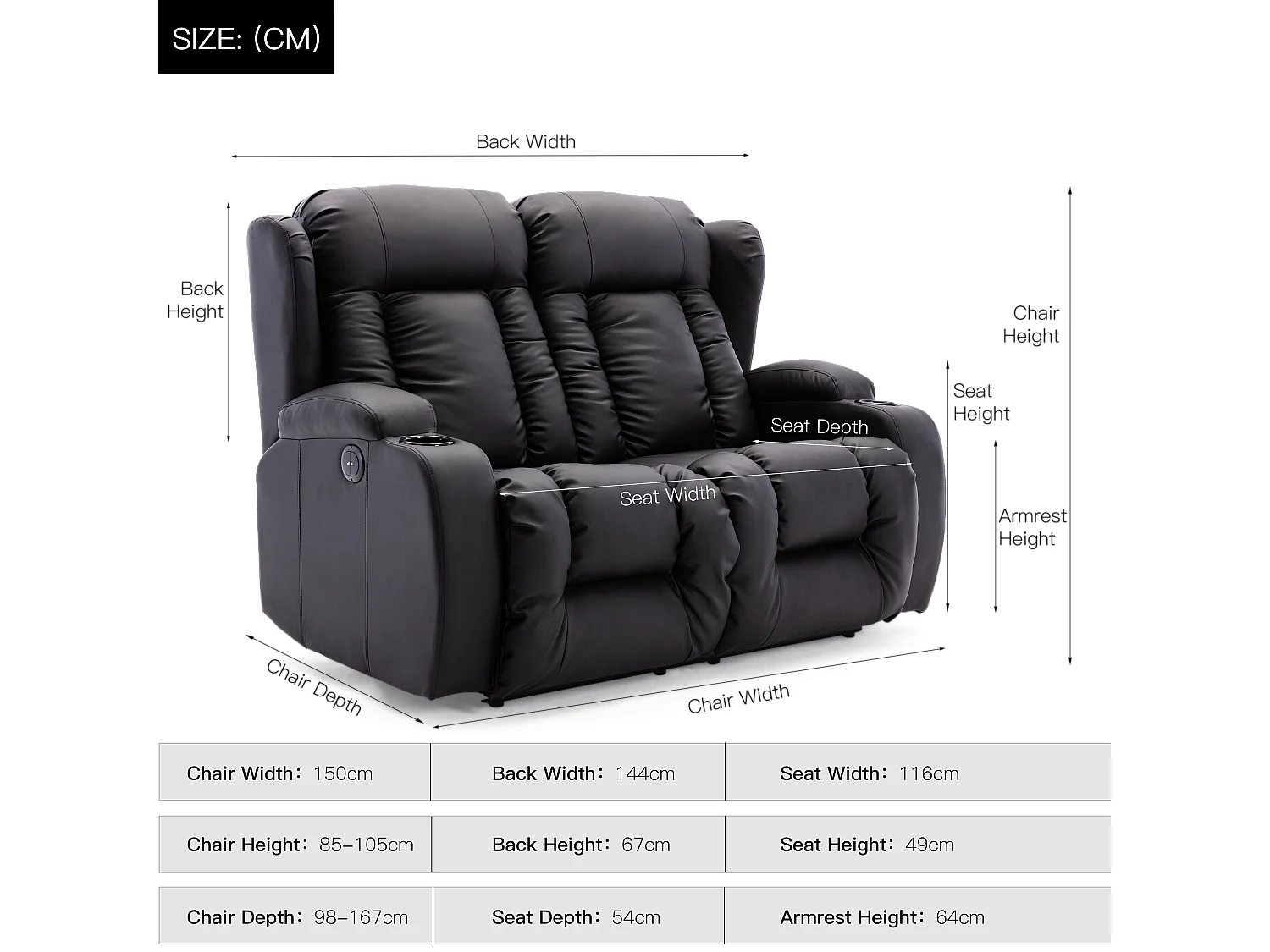 Caesar 2 Seater Electric High Back Bonded Leather Recliner Sofa