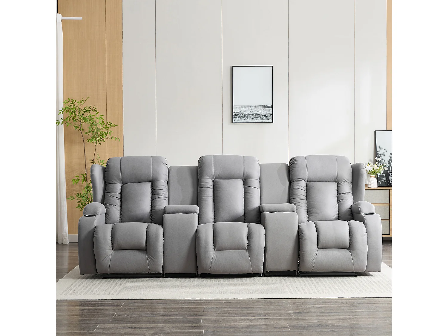 Caesar 3 Seater Grey Technology Fabric Modern Manual Recliner Sofa W Drinks Console