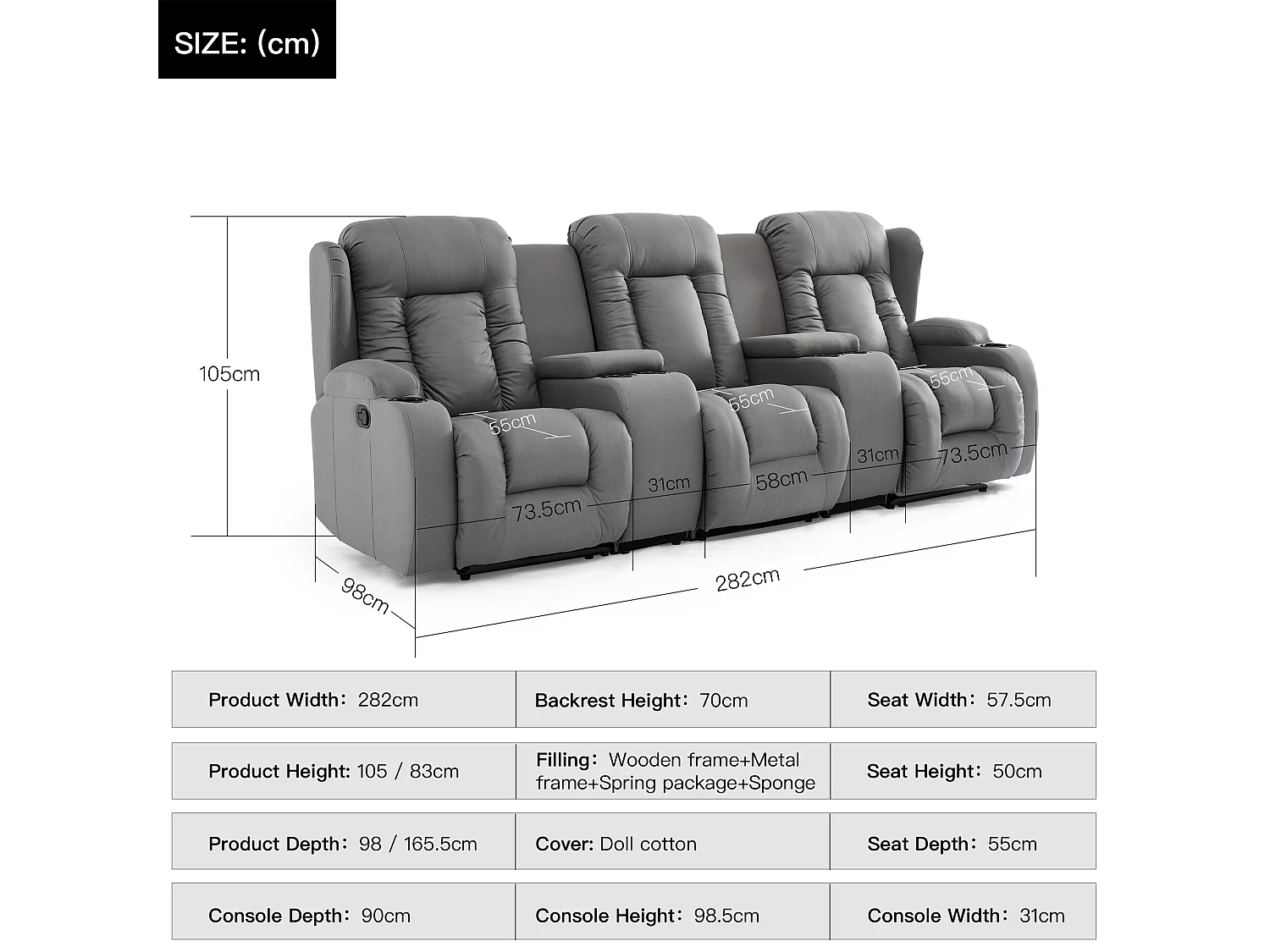Caesar 3 Seater Grey Technology Fabric Modern Manual Recliner Sofa W Drinks Console