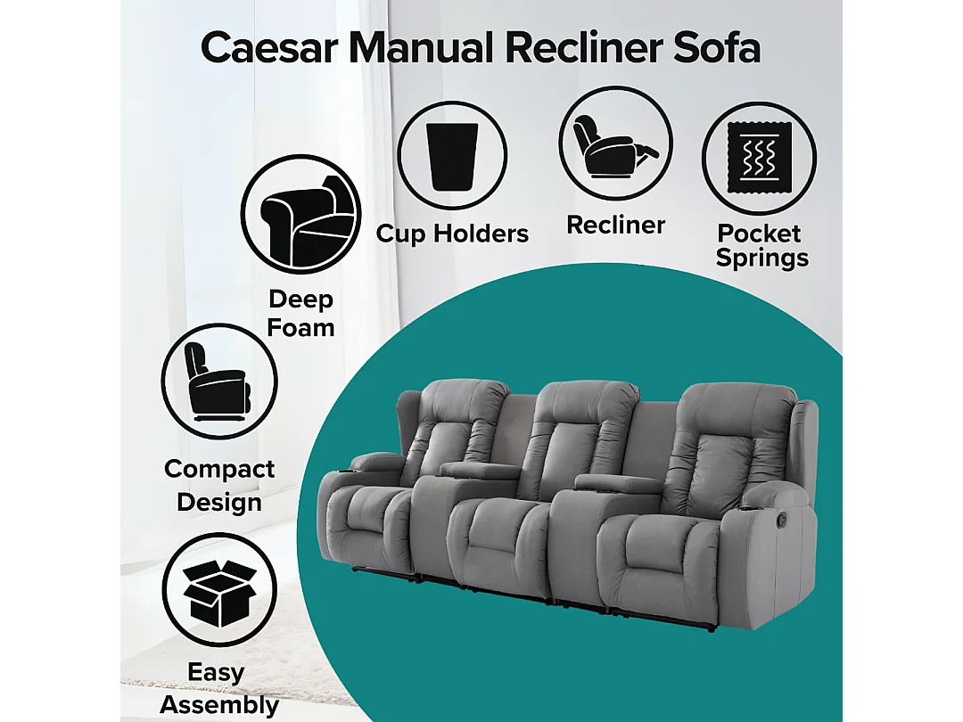 Caesar 3 Seater Grey Technology Fabric Modern Manual Recliner Sofa W Drinks Console