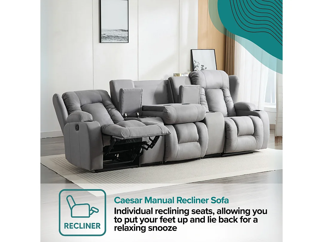 Caesar 3 Seater Grey Technology Fabric Modern Manual Recliner Sofa W Drinks Console