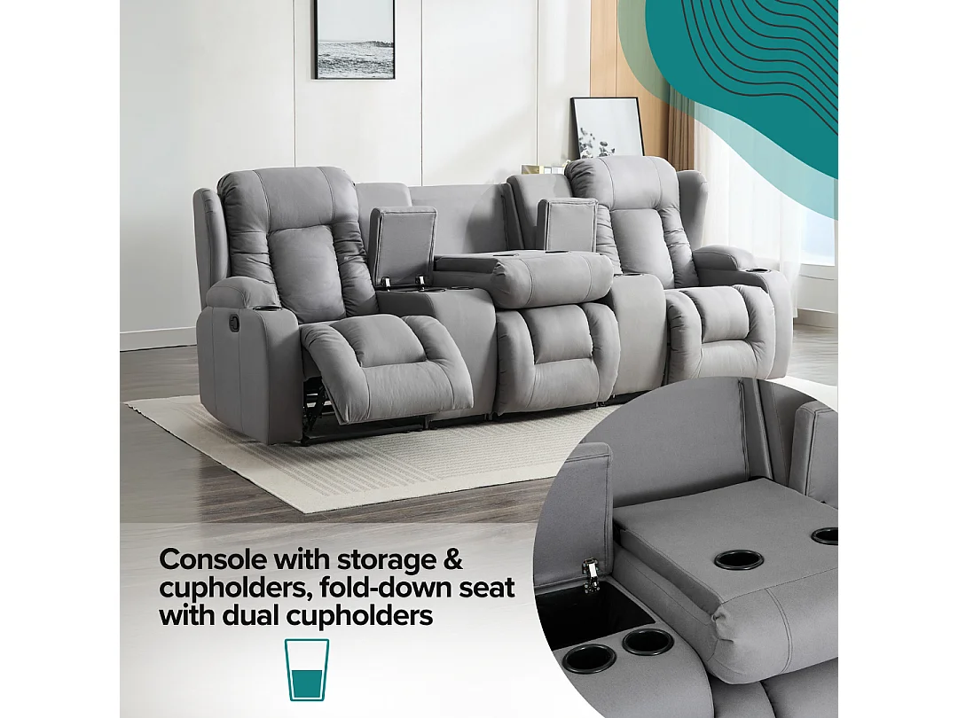 Caesar 3 Seater Grey Technology Fabric Modern Manual Recliner Sofa W Drinks Console
