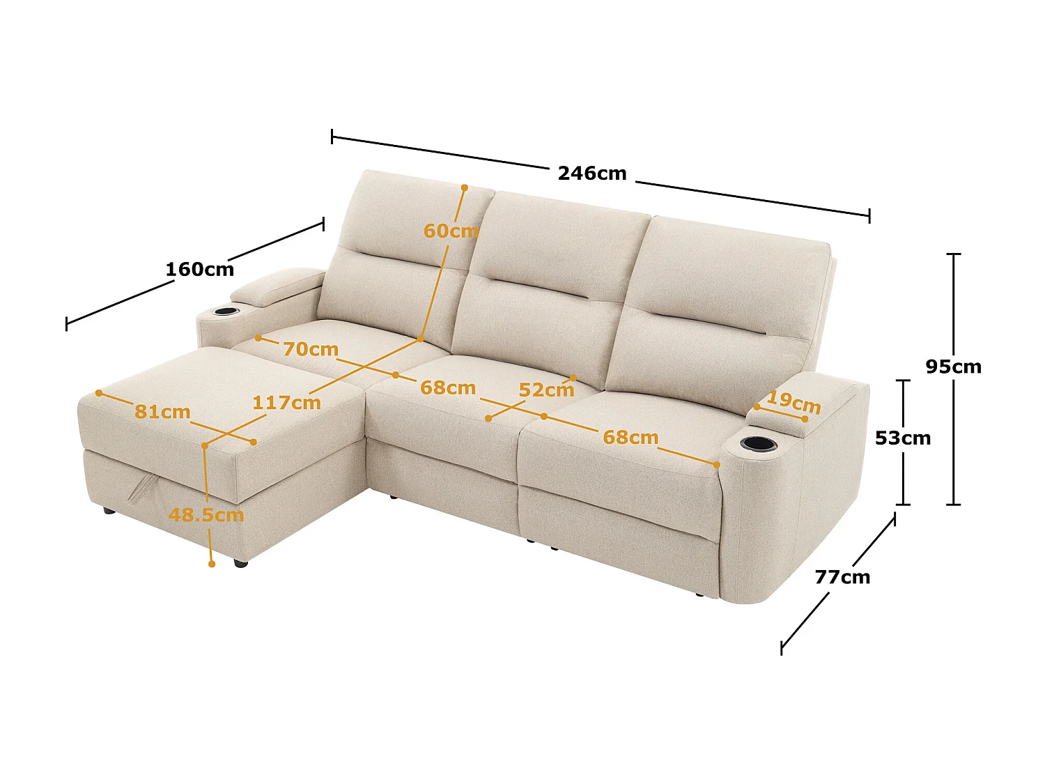 Avery 3 Seater Electric Recliner Chaise Lounge Fabric Sofa