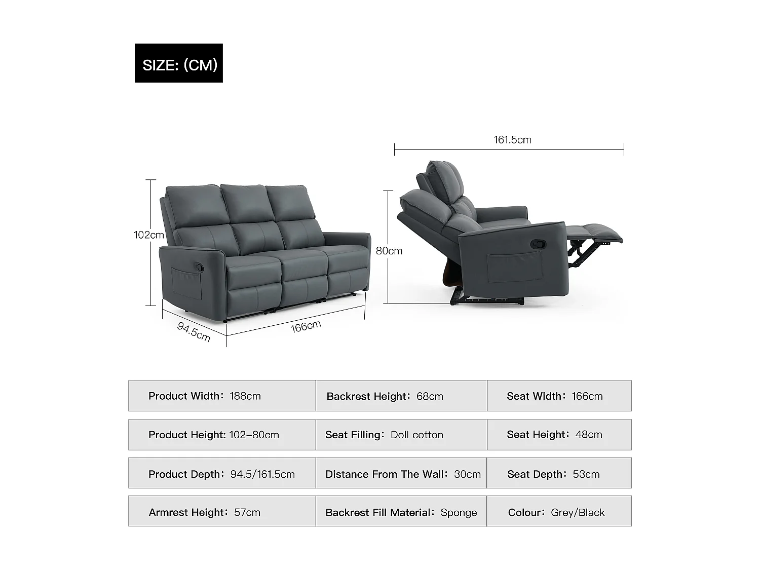 Madrid 3 Seater Manual Air Leather Recliner Sofa