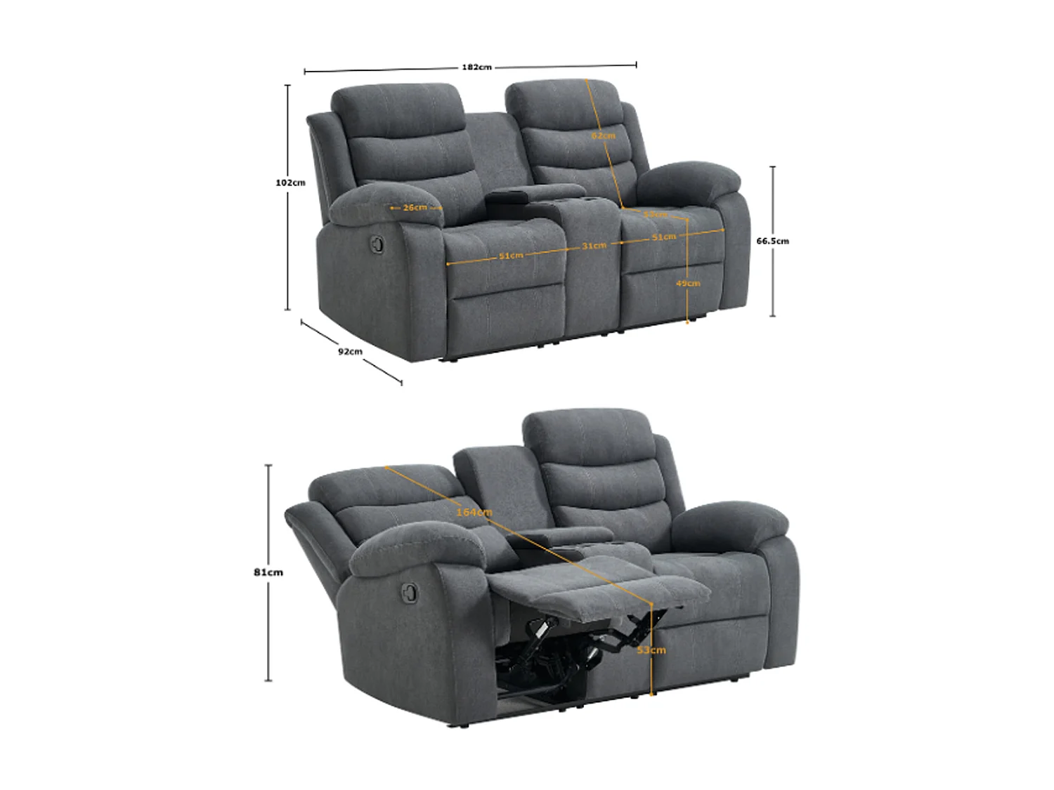 Boston 2 Seater Manual Recliner Sofa w Drinks Console