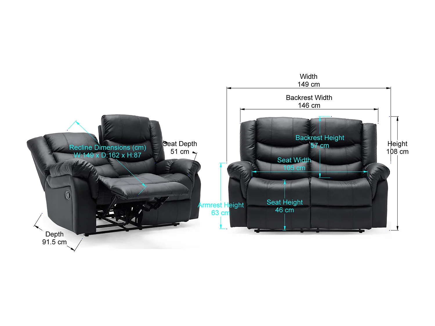 Seattle 2 Seater Manual High Back Bonded Leather Recliner Sofa