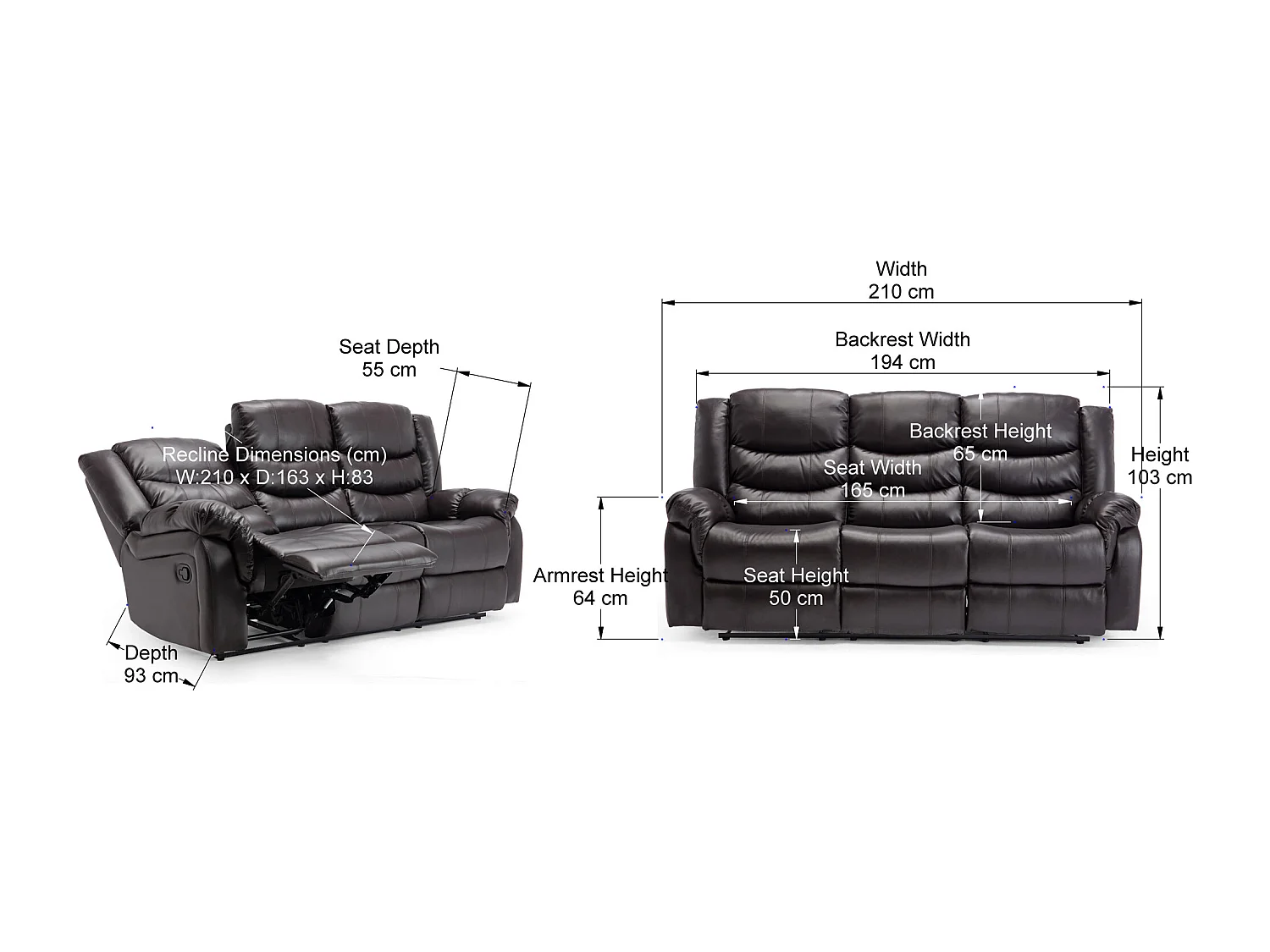 Seattle 3 Seater Manual High Back Bonded Leather Recliner Sofa