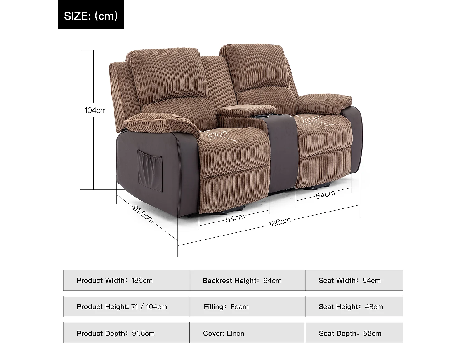 Postana Single Motor Rise Recliner 2 Seater Cord Drinks Console Sofa