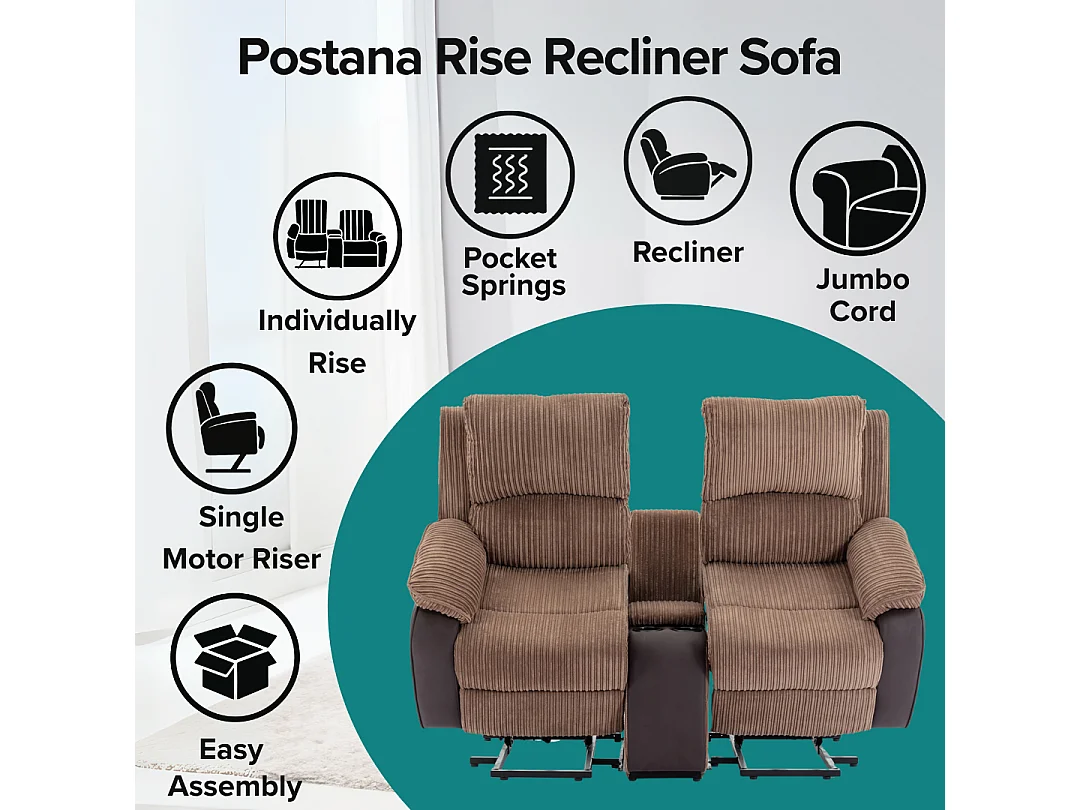 Postana Single Motor Rise Recliner 2 Seater Cord Drinks Console Sofa