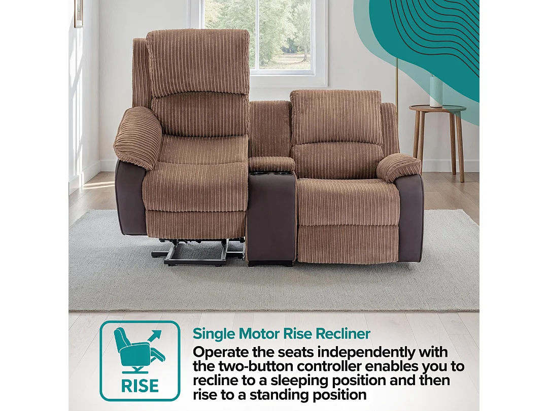 Postana Single Motor Rise Recliner 2 Seater Cord Drinks Console Sofa