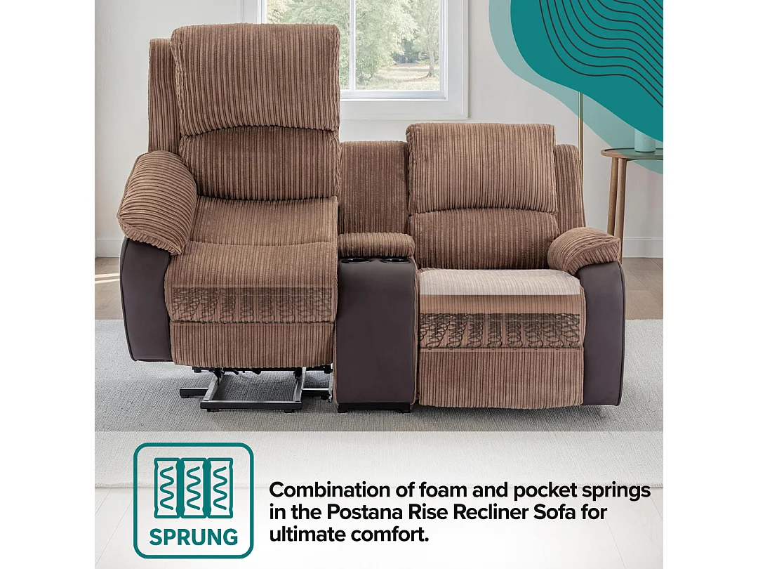 Postana Single Motor Rise Recliner 2 Seater Cord Drinks Console Sofa
