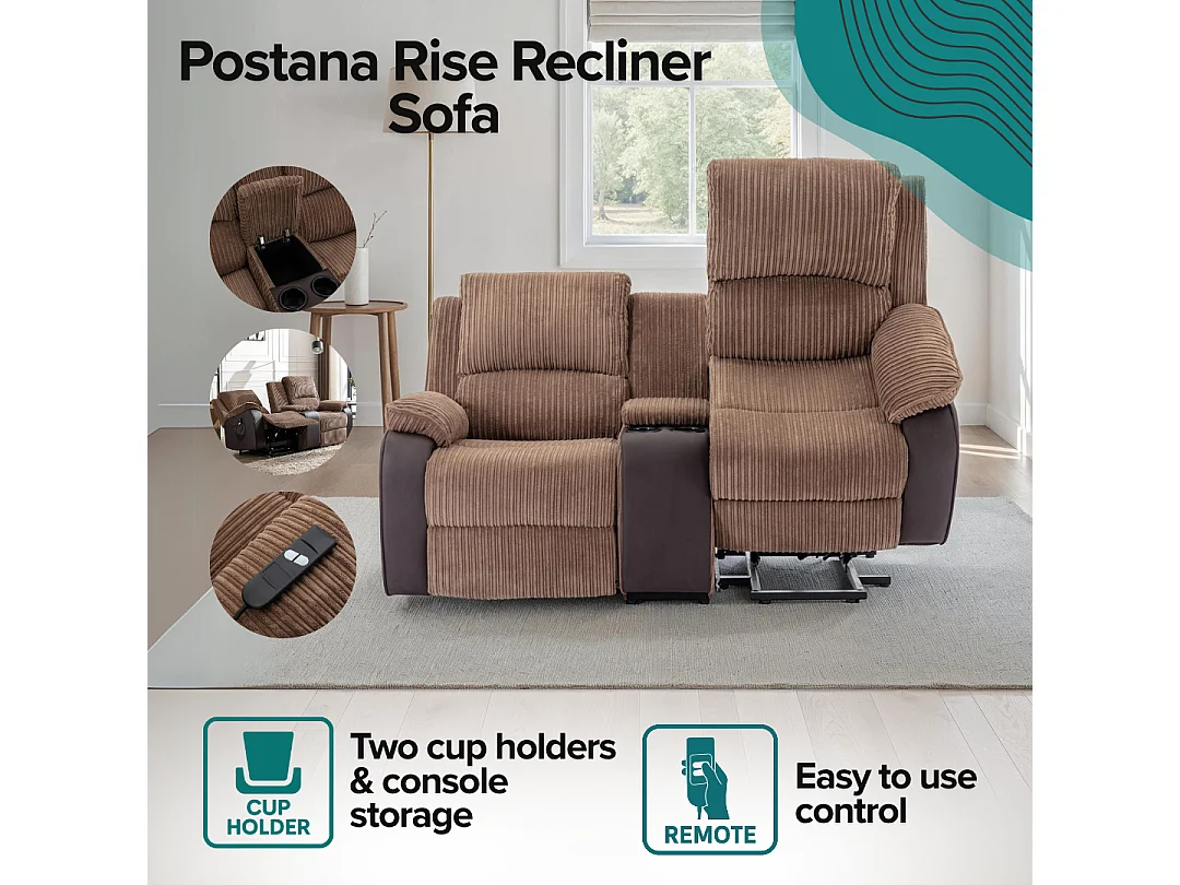 Postana Single Motor Rise Recliner 2 Seater Cord Drinks Console Sofa