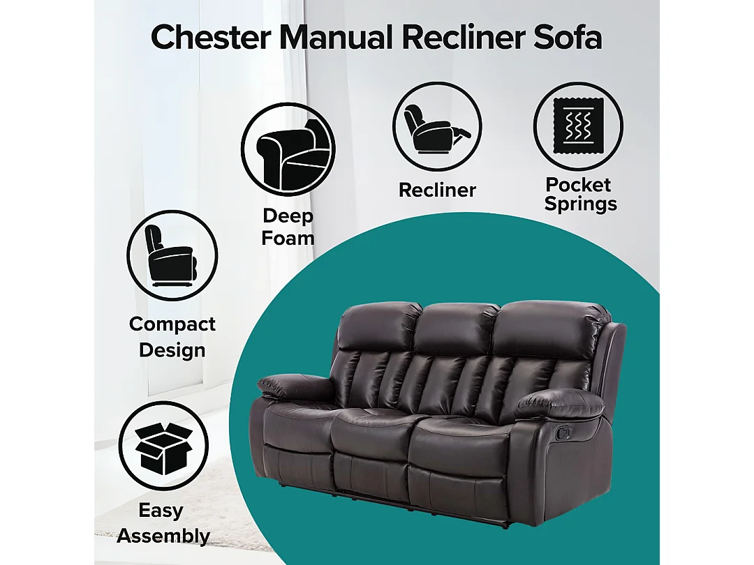 Chester 3 Seater Manual High Back Bonded Leather Recliner Sofa