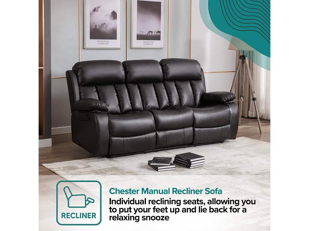 Chester 3 Seater Manual High Back Bonded Leather Recliner Sofa