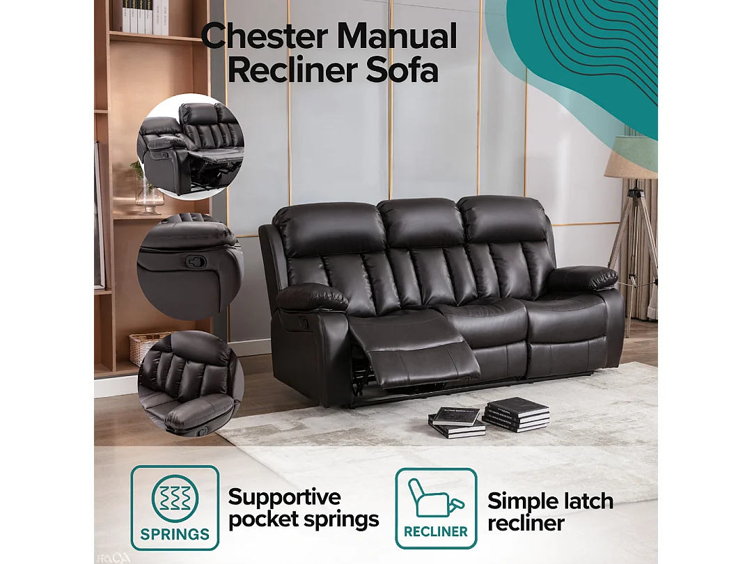 Chester 3 Seater Manual High Back Bonded Leather Recliner Sofa