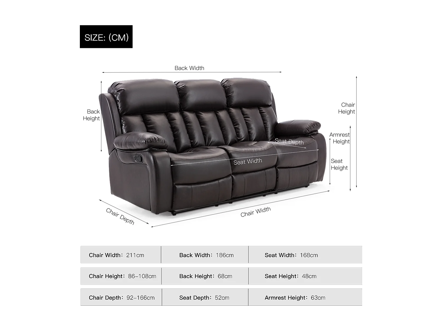 Chester 3 Seater Manual High Back Bonded Leather Recliner Sofa