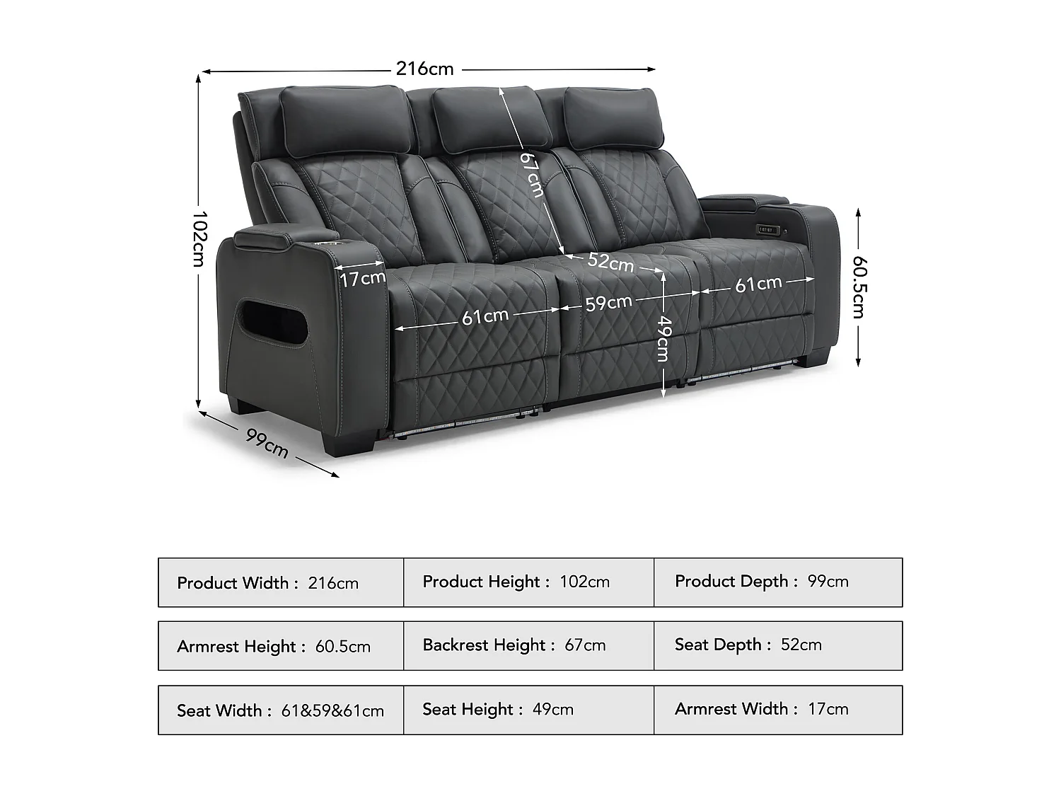 Capri Electric Recliner 3 Seater Sofa - Drinks Tray, Wireless Charging