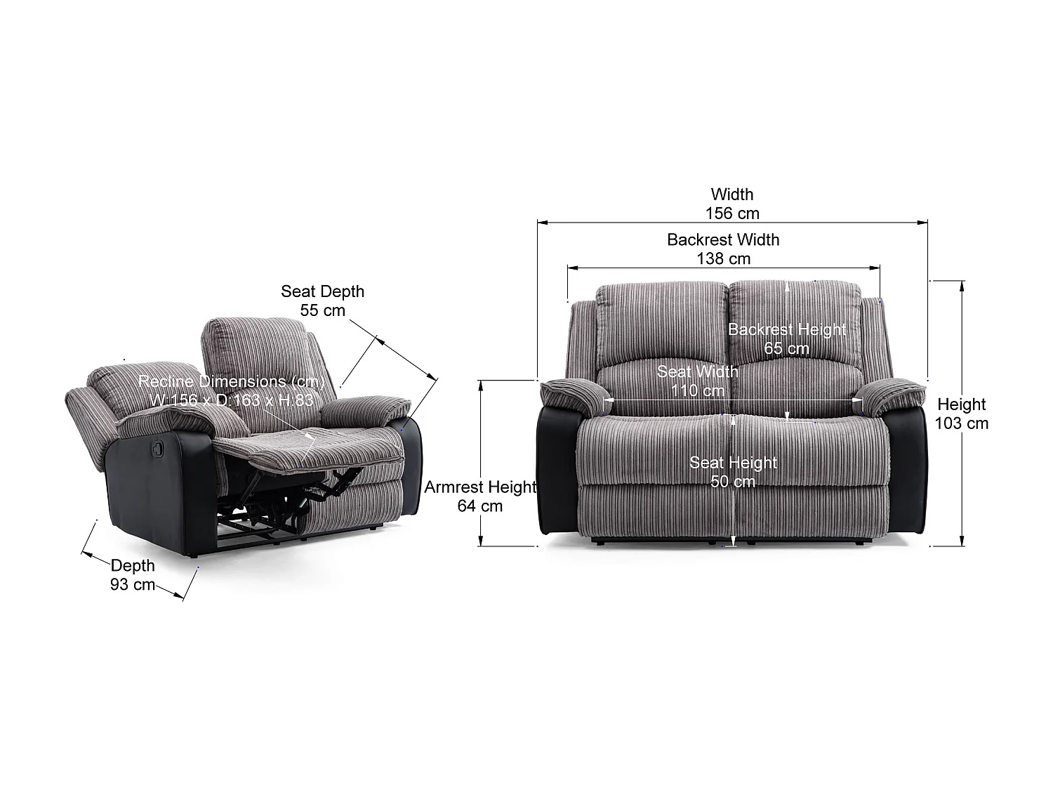 Postana 2 Seater Manual High Back Jumbo Cord Fabric Recliner Sofa