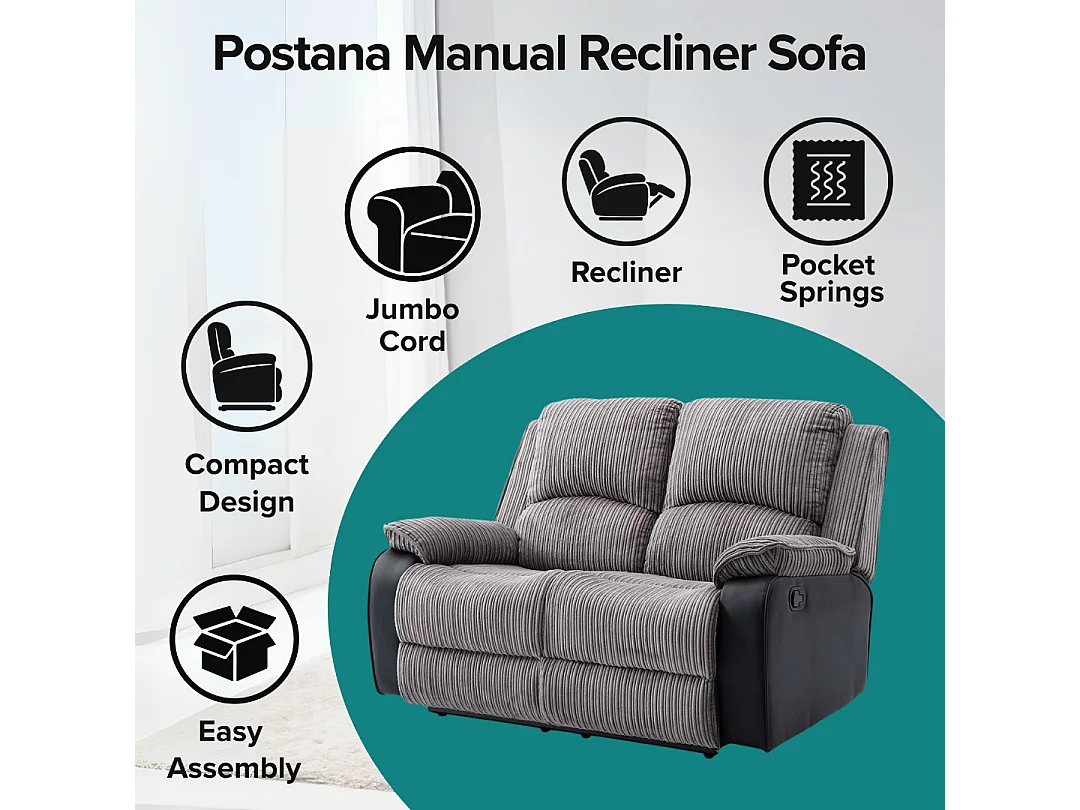 Postana 2 Seater Manual High Back Jumbo Cord Fabric Recliner Sofa