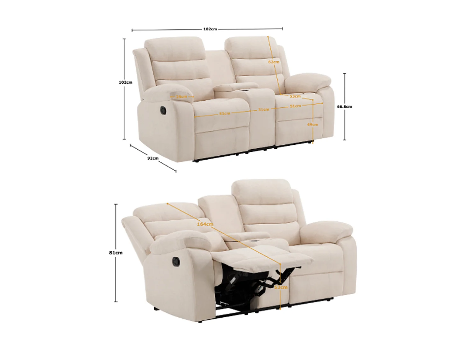 Boston 2 Seater Manual Recliner Sofa w Drinks Console