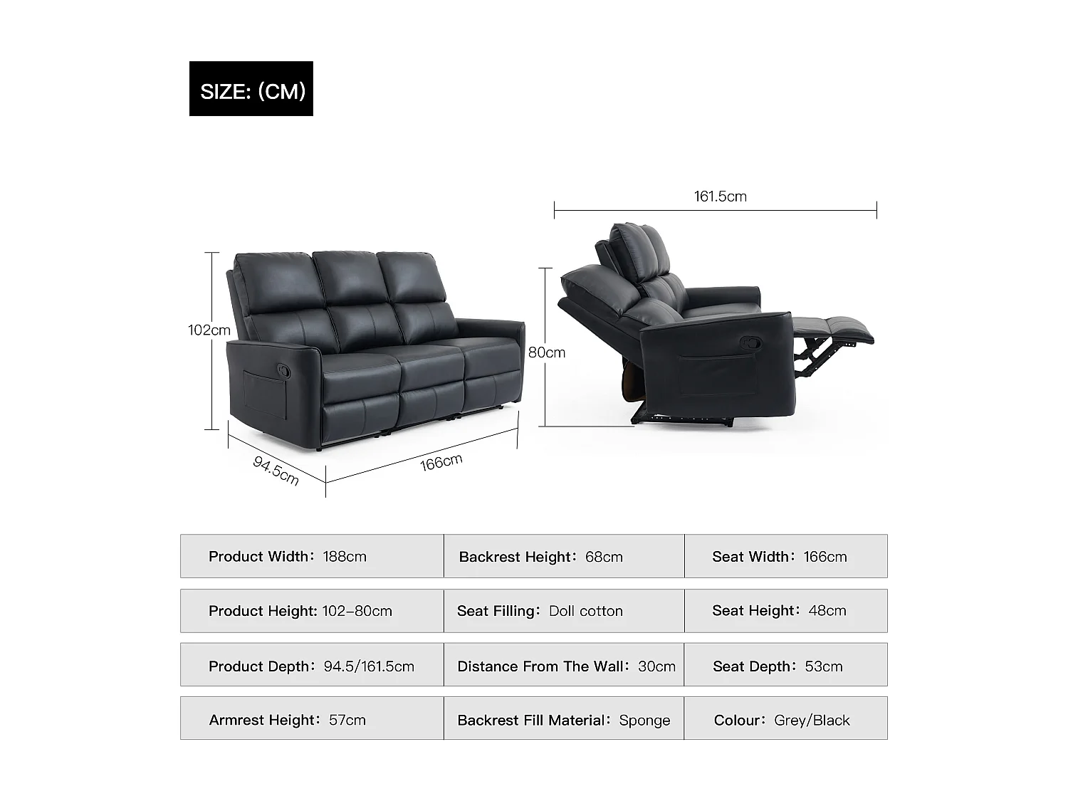 Madrid 3 Seater Manual Air Leather Recliner Sofa